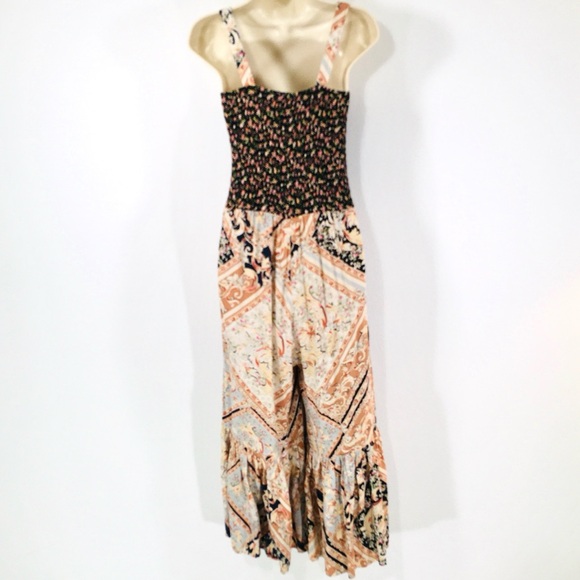 Spense Sz M Wide Leg Crop Jumpsuit Smocked Bodice Ruffles Pull On Retro - Picture 7 of 11